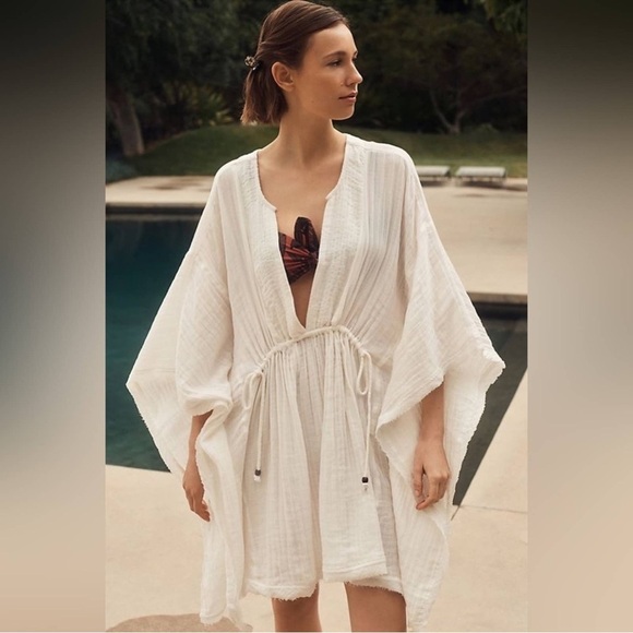 Anthropologie beach cover up front tie v neck tunic white cotton gauze SZ XXS - Picture 1 of 8